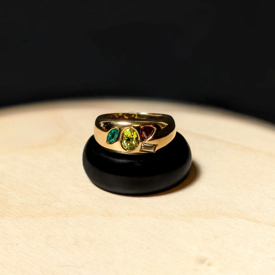 14k gold, peridot, emerald, garnet, aquamarine