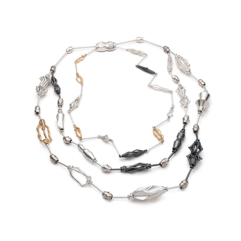 sterling silver, 14k gold, diamonds, sapphires, tourmalines, demantoids